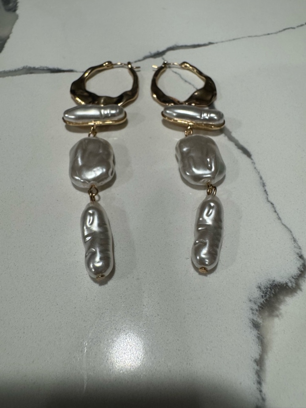 Gold Hoop Earrings with Silver Baroque Pearls